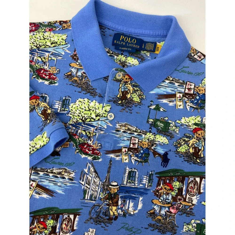 Polo Ralph Lauren Polo Shirt Men Large Blue Paris Bear Classic Fit Preppy Travel